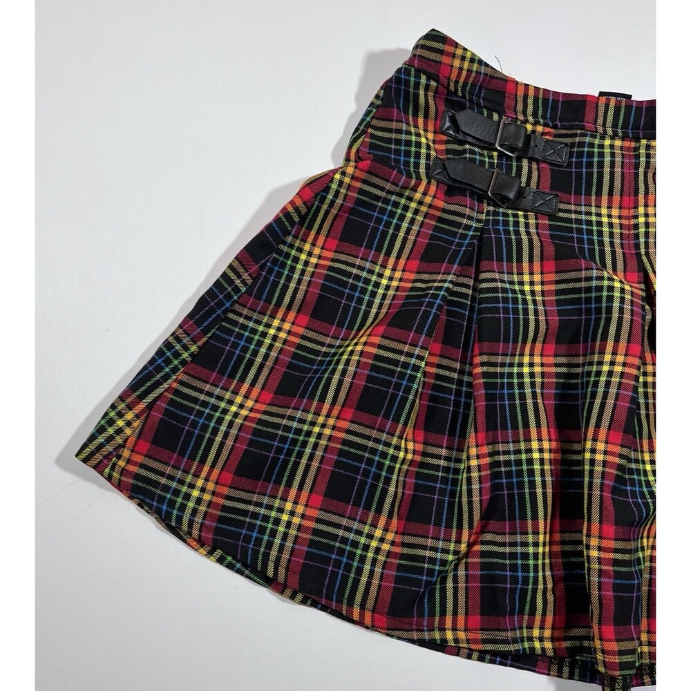 Hot Topic Rainbow Plaid Double Buckle Pleated Skirt Goth Punk Medium - Picture 2 of 7